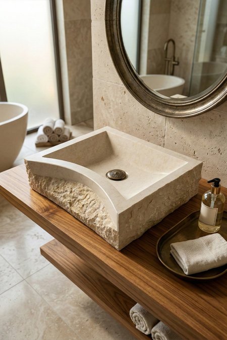 حوض مغسلة حجر طبيعي مربع بحواف خام – 55×48 سم